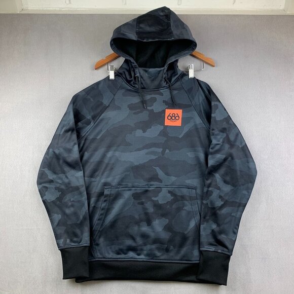 686 Mens Small Blue Camo Hoodie Long Sleeve Bonded Fleece Pullover Snowboarding - Picture 1 of 12